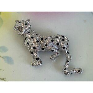 Vintage 1980s Large Statement Brooch Rhinestone leopard Big Cat Open Mouth